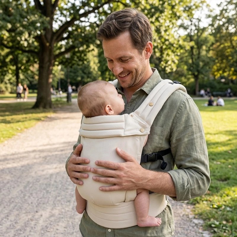 bebe dans porte bebe beige au parc avec papa