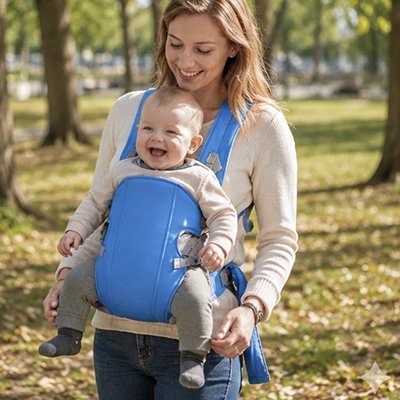 bebe dans Porte bebe bleu au parc avec maman
