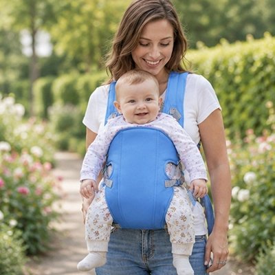 bebe dans Porte bebe bleu avec sa mère au parc