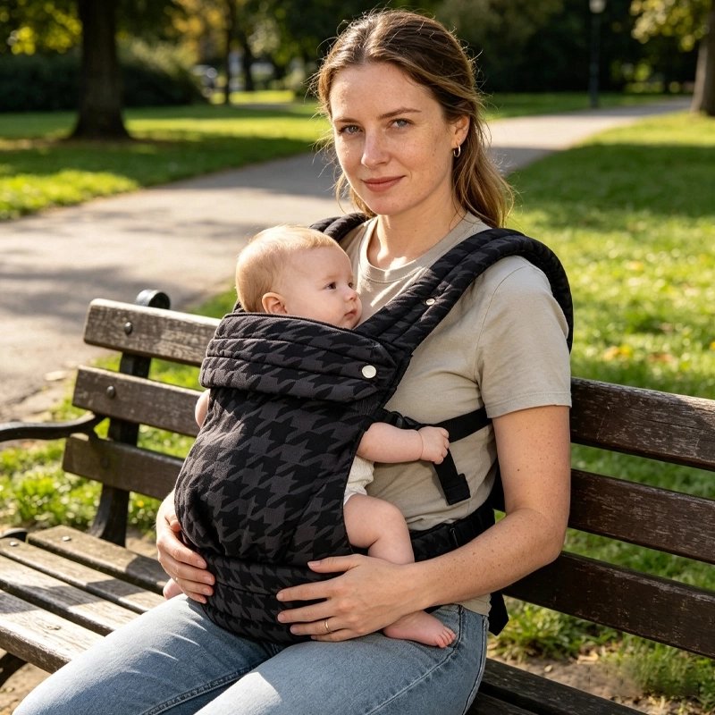 Maman assise sur un banc avec son bébé dans le porte-bébé noir