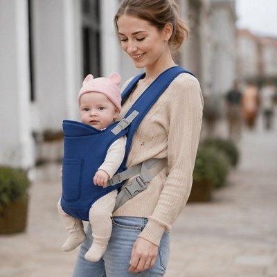 maman fait balade avec bebe dans porte bebe bleute