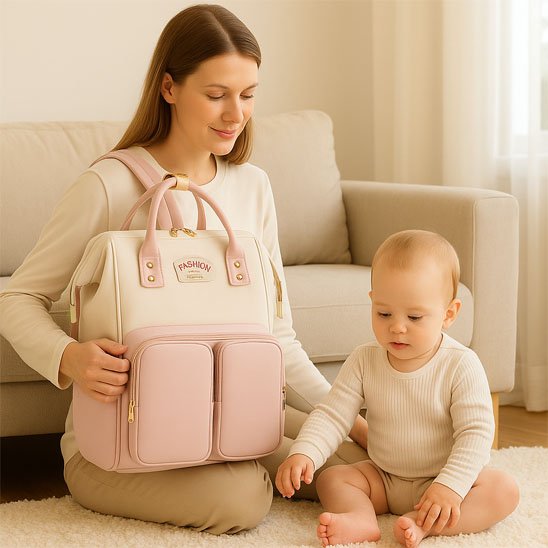 maman et bébé assis avec Sac a langer