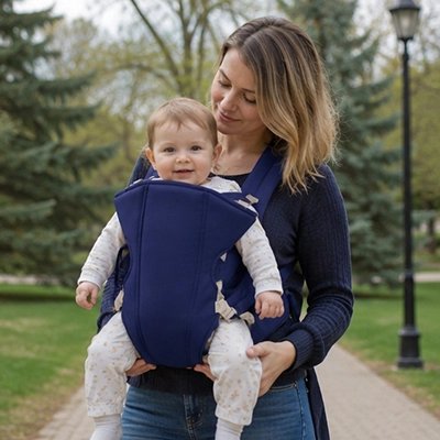 maman et bebe dans porte bebe bleu foncé