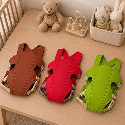 trois porte bebe couleur différentes vert rouge et marron