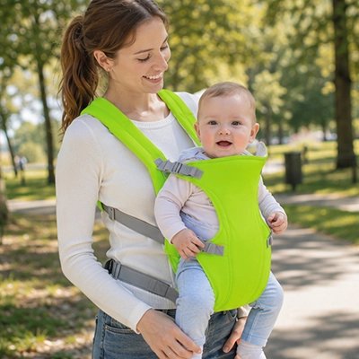 bebe-souriant-dans-porte-bebe-vert-au-parc