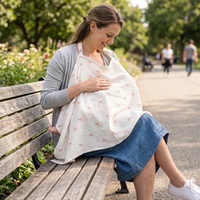 Cape d'allaitement maman sur banc en bois nourrit bebe 