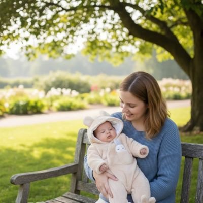 Combinaison bebe​ beige maman et son bebe au parc