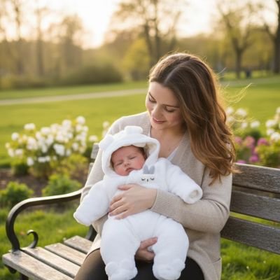 Combinaison bebe blanche bébe avec maman assise sur un banc en bois
