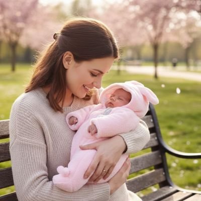 Combinaison bebe rose maman assise sur un banc regarde son bebe
