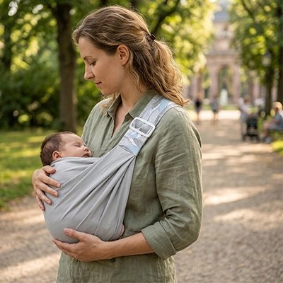 Echarpe-de-portage-grise-maman-bebe-au-parc