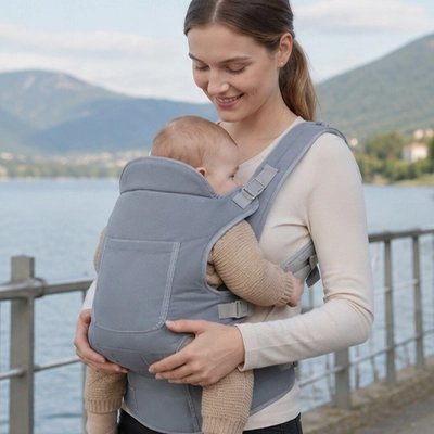 maman-admire-bebe-dans-porte-bebe-gris