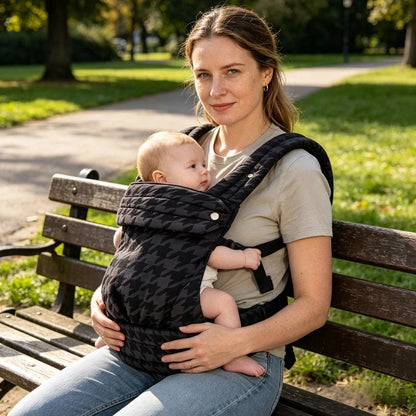 Maman assise avec bebe dans porte bebe