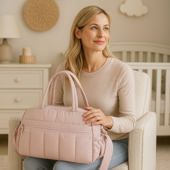 maman avec Sac a langer rose poudré