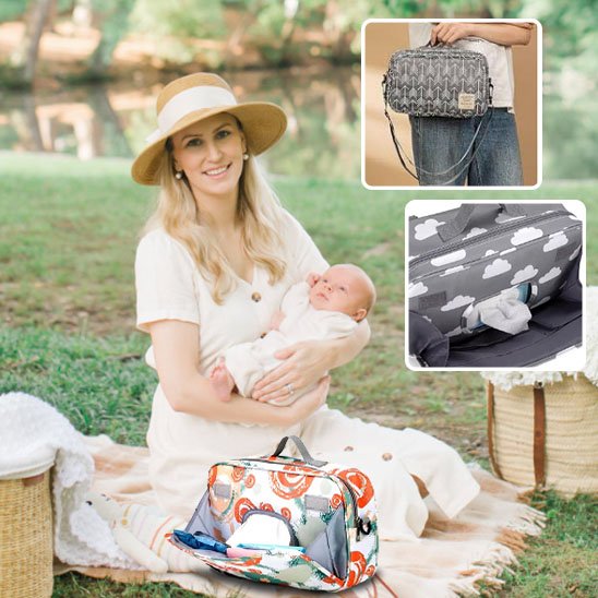 maman et bébé avec sac a langer a l'extérieur