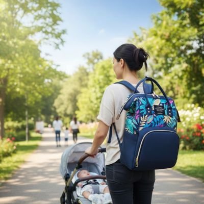 maman et bebe avec sac a langer dans le parc