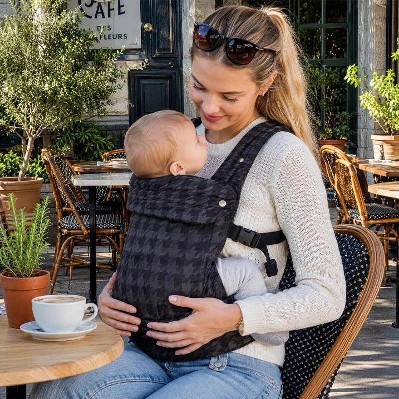 maman et bebe dans porte bebe noir