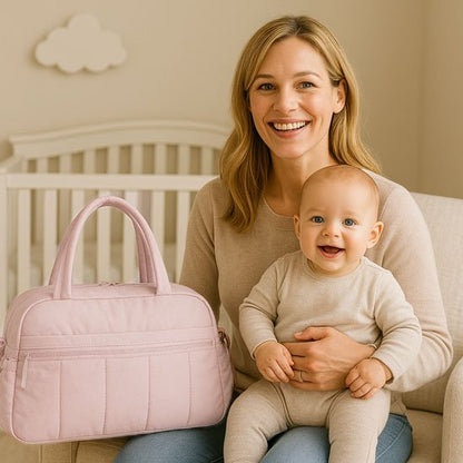 maman et son bébé Sac a langer rose poudré
