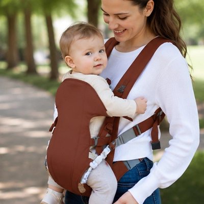 maman-observe-bebe-dans-porte-bebe-marron-au-parc