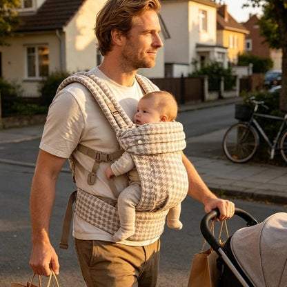 papa avec bebe dans porte bebe pratique