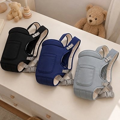 porte bebe bleu noir et gris sur lit