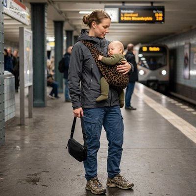maman au metro avec bebe dans porte bebe leopard
