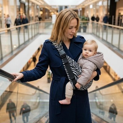 maman mante escaliers avec bebe dans porte bebe zèbre 