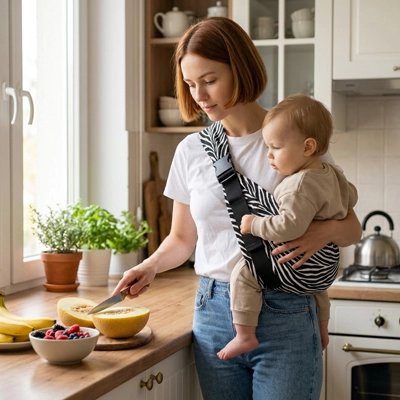 maman prépare collation avec son bebe dans porte bebe zèbre